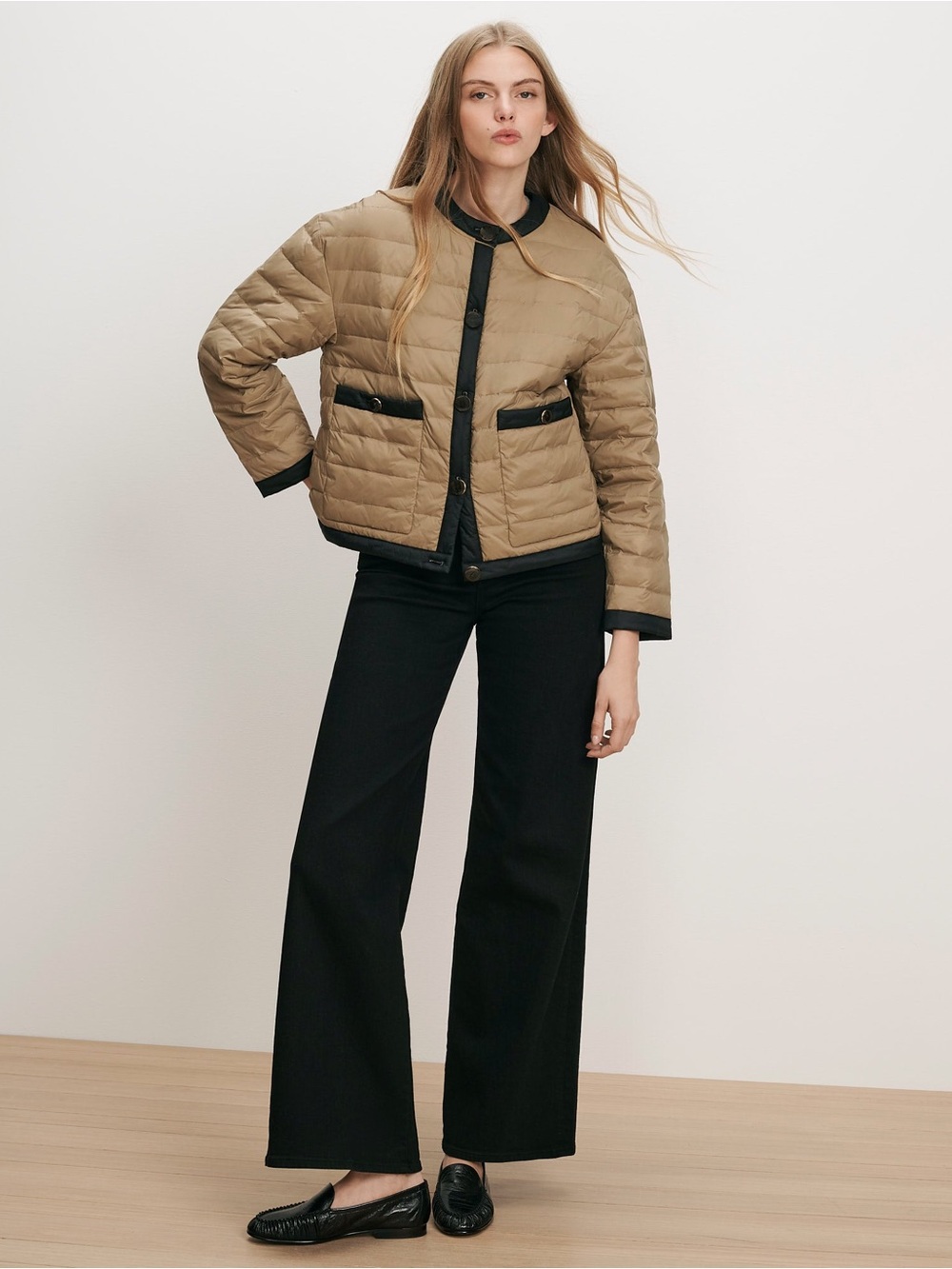 Veronica Beard Pearson Puffer Dickey Jacket - Beige Down Collarless Jacket